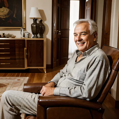 a rich 65yo man sitting happy in a classy and beatiful house