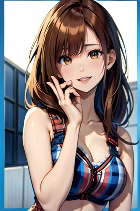 The upper part of the body、an oil painting、​masterpiece、top-quality、hight resolution、Orange long hair、Orange long hair、Naughty look、cleavage of the breast、Blue swimsuit、(((White and blue plaid bra)))、(((White and blue gingham plaid)))、The upper part of the...