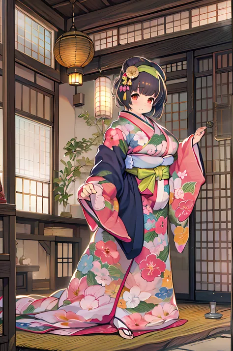 (8K, Best Quality, masutepiece, Ultra high definition: 1.2),Kimono,traditional Japanese room,Hakama,fullllbody、huge-breasted、bbw、BBW、Anime style、Chubby