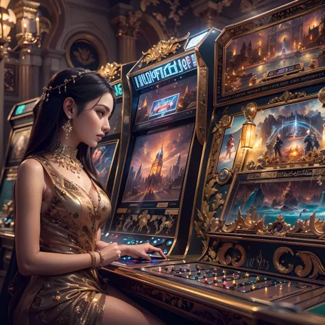 in a panoramic view，photorealestic，luxury game hall in retro style，4 vintage luxury arcade machines，made in gold，diamond gemston...