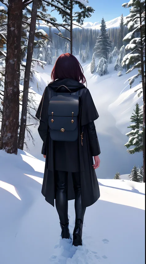 Create the image of a woman in dark leather pants wearing a long-sleeved blouse with a hooded cloak with a cloth backpack on her back looking at the landscape on top of a snow-capped mountain facing the forest