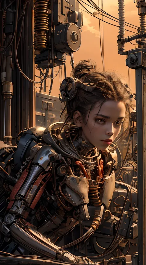 (((masterpiece))), ((best quality)), ((ultra-detailed)), (CG illustration), (an extremely devious and beautiful)), cinematic light, ((1 mechanical African girl)), single, full, (machine-made joints: 1.4), ((mechanical limb)), ( blood vessels attached to th...