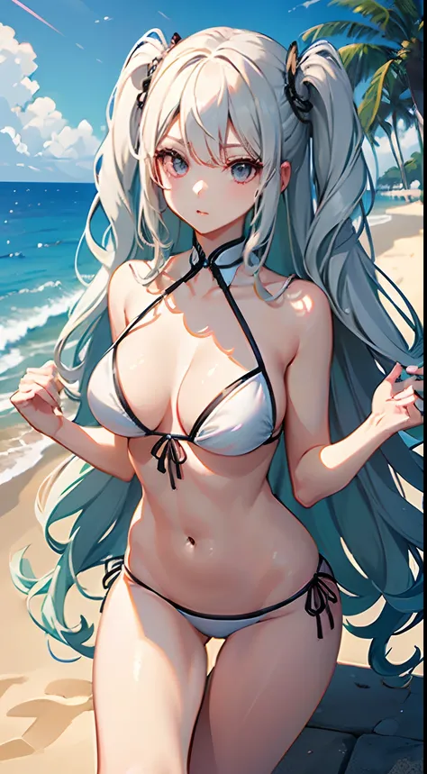 ((Best Quality)), (ultra-detailliert), ((Extremely detailed)), (Beautiful), ((Kawaii Girl)),(two side up hair)、((masutepiece)),Platinum Blonde Hair,Long hair, hair between eye, Wavy Hair, Long sideburns,Jade-colored eyes, White skin,Normal Chest,Slender bo...