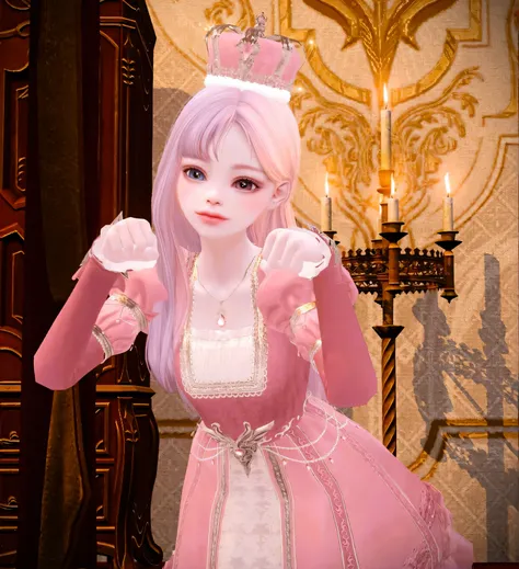 A woman in a pink dress is holding a white rose, Elegant pose of the royal family, Rococo Queen (Rococo Queen), ((Beautiful fantasy empress)), Beautiful fantasy empress, Atelier Lulua, Elegant clothes of the imperial royal family, Inspired by Sim Sa-jeong,...