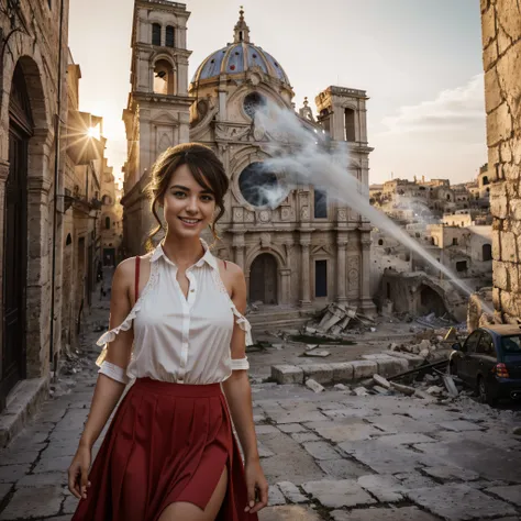 girl wears a torn long red skirt, wears a torn long red dress, wind moves skirt. european girl. ((extreme detail)), (ultra-detai...