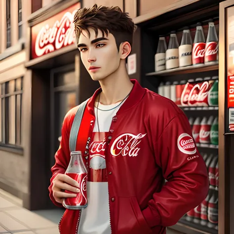 Guy with Coca Cola themed clothes and holding Coca Cola