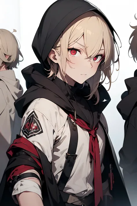 One young male, skinny, tired black eyes,red pupils, dark eye bags, pale skin, blond hair, messy mullet short styled hair, scruffy and messy appearance, (medieval assassin costume, hooded assassins cloak), fantasy