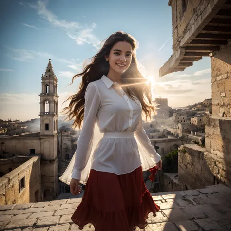 girl wears a torn long red skirt, wears a torn long red dress, wind moves skirt. european girl. ((extreme detail)), (ultra-detai...