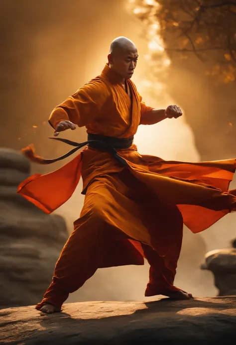 . Shaolin monk hyper - detailed, make a super power fist and destroys the world, cinematic 8k