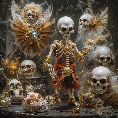 浅橘Skull 32K，Phoenix Immortal Demon Skeleton Realm, Chance encounter with Liu Hanshu,tmasterpiece, Better quality, Still photography,Muppet skeletons，There are terriers，Linen coarse cloth skeleton holding a puppet triceratops skeleton，The animal images are ...