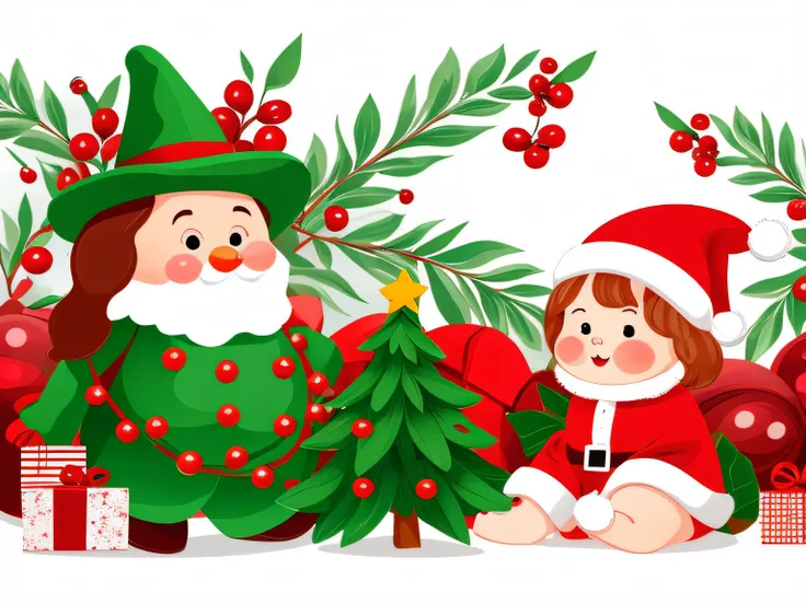 Christmas wallpaper for Instagram, in the style of charming character illustrations, light redand green, lit child, Reference painting, Cranberry pits, Original characters, White background