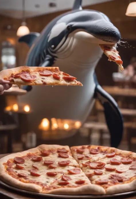 whale eating pizza in a bar