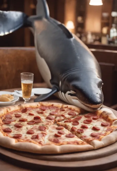 whale eating pizza in a bar