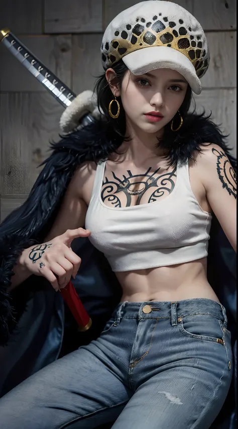 masterpiece, best quality, 8k,highestres, absurdres, extremely detailed, female trafalgar law, 1girl, 1sword, solo, looking at viewer, short hair, medium breasts, hat, navel, cleavage, collarbone, earrings, midriff, pants, coat, fur trim, denim, jeans, sho...