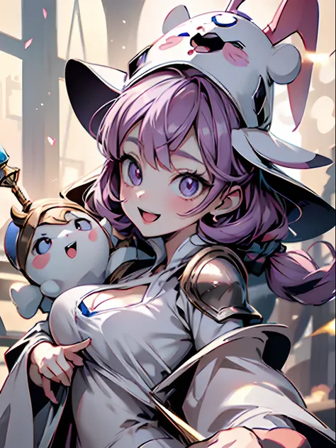 1 rabbit girl、From Side, kawaii、The upper part of the body、Baby face、big eye、kawaii eyes、a purple eye、teak、Smile with open mouth、Wizard robes、Wizard Armor、Wizard Hat、Sorcerers Wand、爆乳、cleavage of the breast、top-quality、Watercolor style、