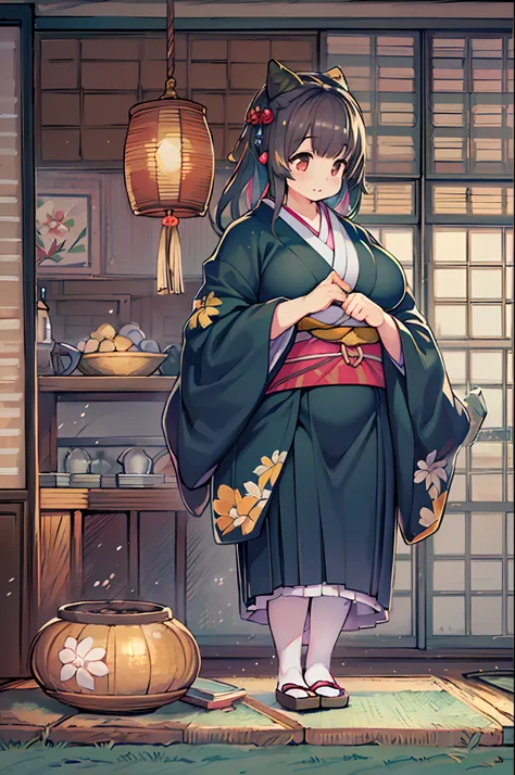 (8K, Best Quality, masutepiece, Ultra high definition: 1.2),Kimono,traditional Japanese room,Hakama,fullllbody、huge-breasted、bbw、BBW、Anime style、Chubby