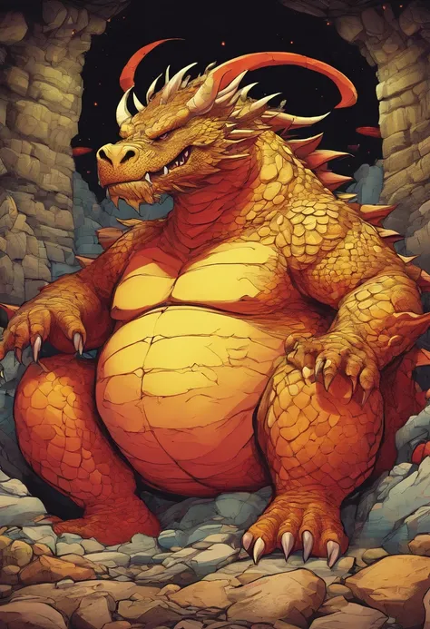 Super huge super-obese red giant dragon
Super obese body big fat 
Super huge soft light yellow belly with a large amount of subcutaneous fat stored 
Lying on his back in a dark cave full of gold and silver treasures