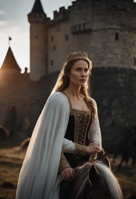 A white princess in a medieval style in a black horse, a castle behind