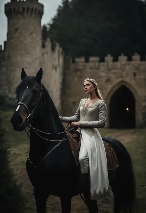 A white princess in a medieval style in a black horse, a castle behind