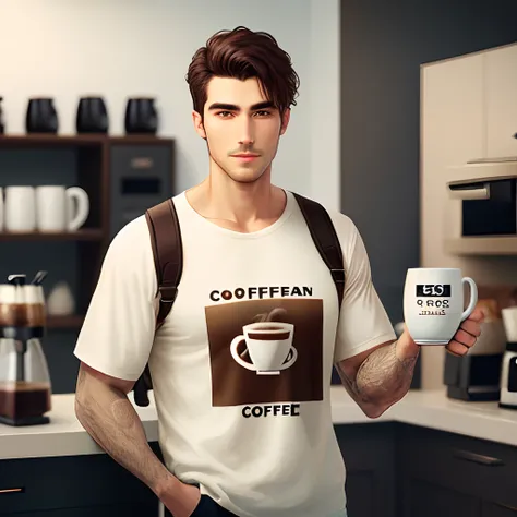 Guy with Coffee themed clothes and holding A mug of coffee