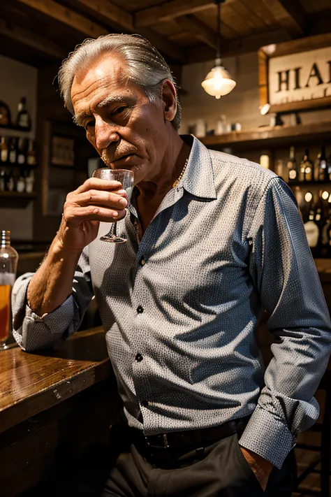 a miserable 65yo swiss man drinking at the bar with some cheap clothes