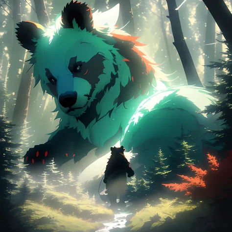 Picture a Bear walking in the forest, his body is a Canadian flag, Light magic，Fantastic background，Background of meaning，Absurd background，There are artistic overlays, Surrealism, cinematic lighting, ray tracing, god rays, speed lines, pov, UHD, masterpie...