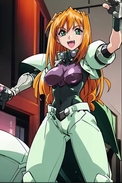 /upscale
excel, orange hair, smile, fang, open mouth, green eyes,standing, medium breast, pants, pullover, , full body,knight armor, armore, sword holding, fantasy cyberpunk city magic