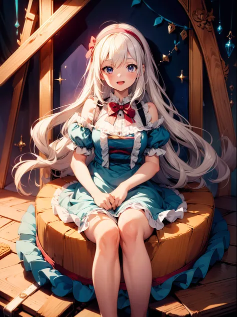 1 cute girl,(Alice In Wonderland) , sitting on big cake ,  upper shoulders , character focus  ,close to viewer, smile , open mouth,blush , high resolution,(incredibly absurdres), (hires.fix:1.3),anime visual,extremely detailed CG unity 8k wallpaper, ((mast...