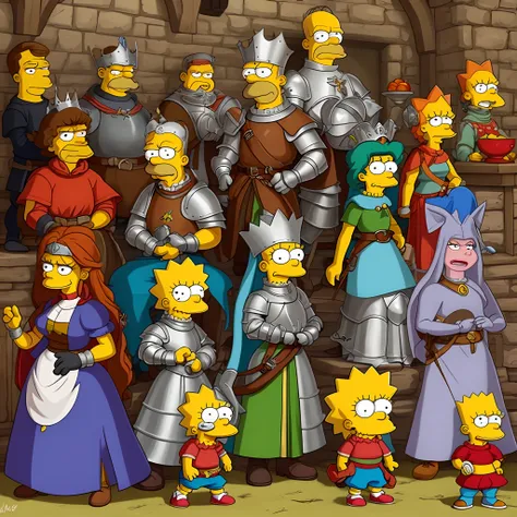 The characters of The Simpsons as if they were characters from a Disney animation in the medieval era wearing knights armor