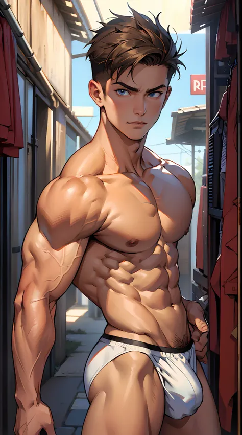 (masterpiece), best quality, expressive eyes, perfect face, 1 boy, Muscular, abs, shirtless, red speedo