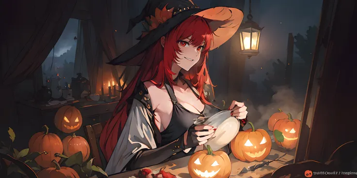 (long hair, red hair:1.6), black hairband, huge breasts, epic art, fantasy, jack-o'-lantern, pumpkin, breasts, halloween, 1girl,...