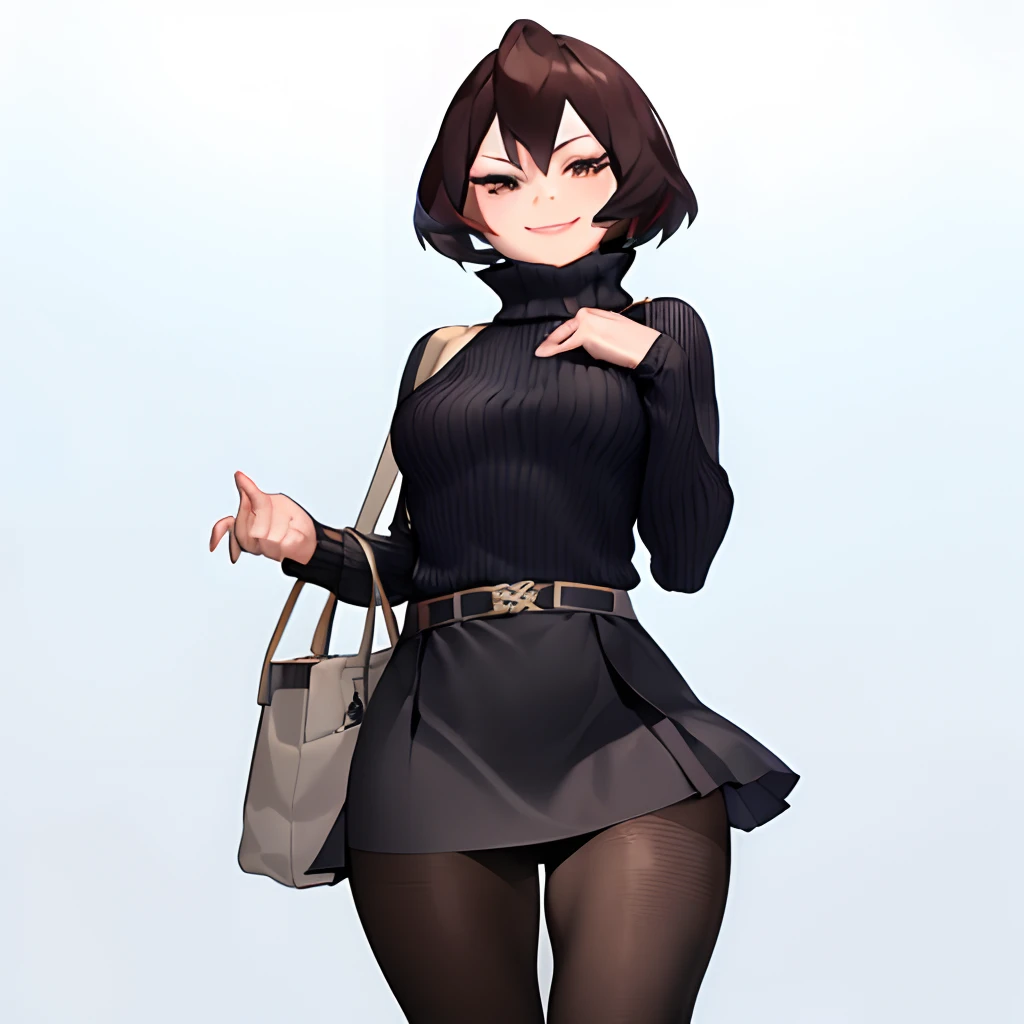 Mandalay, 1girl in, Solo, Looking at Viewer, Smile, Short hair, Skirt,  Simple background, Brown hair, Long sleeves, White background, hair between eye, Brown eyes, pantyhose, Cowboy Shot, Belt bag, Sweaters, Black pantyhose, turtle neck, , Ribbed sweater,...