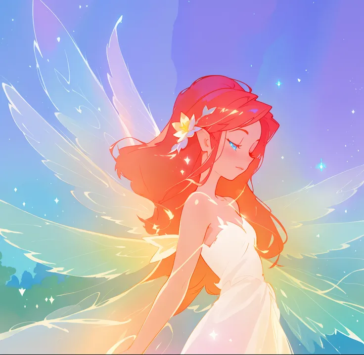 beautiful fairy girl in flowing white dress, fairy dress, fairy queen, (glowing fairy wings), long red hair, sparkling fairy wings, watercolor illustration, inspired by Glen Keane, inspired by Lois van Baarle, disney art style, by Lois van Baarle, glowing ...