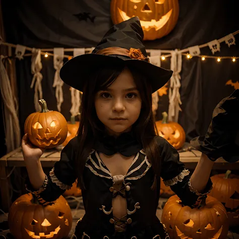 Por favor, Crie um, Halloween-style image of a child dressed in a skeleton costume. The child should be realistic and exhibit an authentic texture. A roupa deve ter um estilo de Halloween, uma atmosfera divertida. The lighting should highlight the details ...