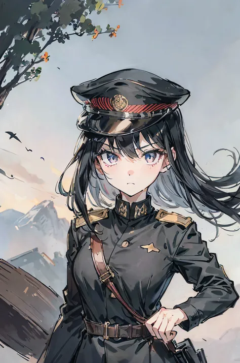 Wearing a military uniform（black）、Wearing a black hat diagonally、One eye is hidden by a hat、Serious face、Focus on girls、Clothes fluttering in the wind、