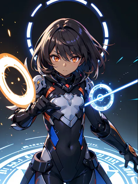 Masterpiece, highres, Honkai impact 3, herrscher sirin, dark skin, medium hair, dark brown hair, shota, (flat chest), orange eyes, long black and blue magical girl exosuit clothing, bodysuit, long black  trenchcoat, black mecha armour attachment, purple en...