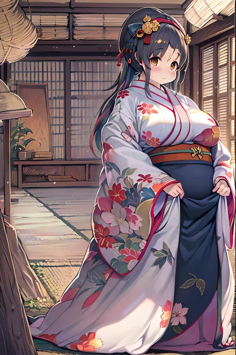 (8K, Best Quality, masutepiece, Ultra high definition: 1.2),Kimono,traditional Japanese room,Hakama,fullllbody、huge-breasted、bbw、BBW、Anime style、Chubby