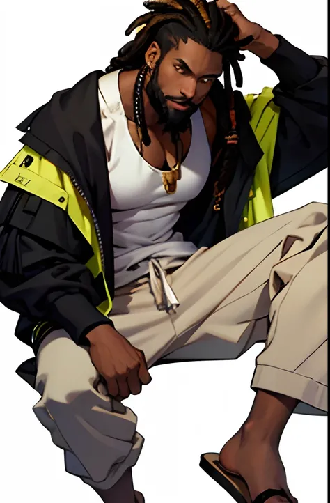 African male. wide nose. big lips. very dark skin. good guy. buff. wearing a white tank top, black noragi jacket, black pants and flip flops. medium length dreadlocks. beard. gold jewelry. amber eyes. simple clothes