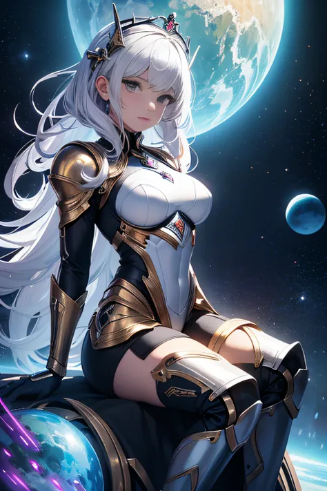 Close-up of a woman in costume sitting on a ball, cyborg goddess in cosmos, goddess of galaxies, knights of zodiac girl, cyborg - girl with silver hair, princess intergalactica, white-haired god, Queen of the Galaxy, WLOP Art, goddess of space and time, co...