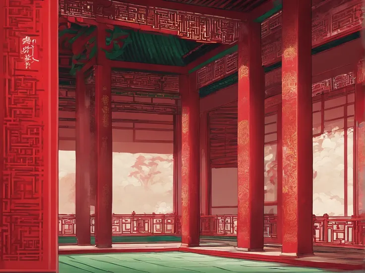 The hall of the temple with red walls and green tiles，China-style