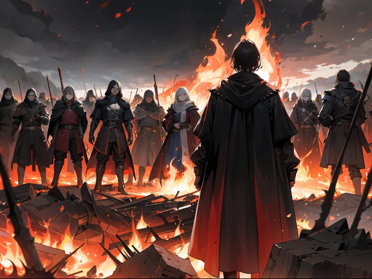 "4k Epic Fantasy Scene: An adult human, standing over the dark flames in the midst of a chaotic battlefield, their tear-stained face illuminated by flickering dark flames, surrounded by lifeless corpses."