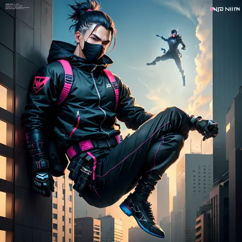 Ninja, jump form highest building, male, at cyber city, wear mask, black jacket, full body covered, realistic, ultra high resolution, head down and lages up, top text says "NINJA", fasion magazine, magazine cover