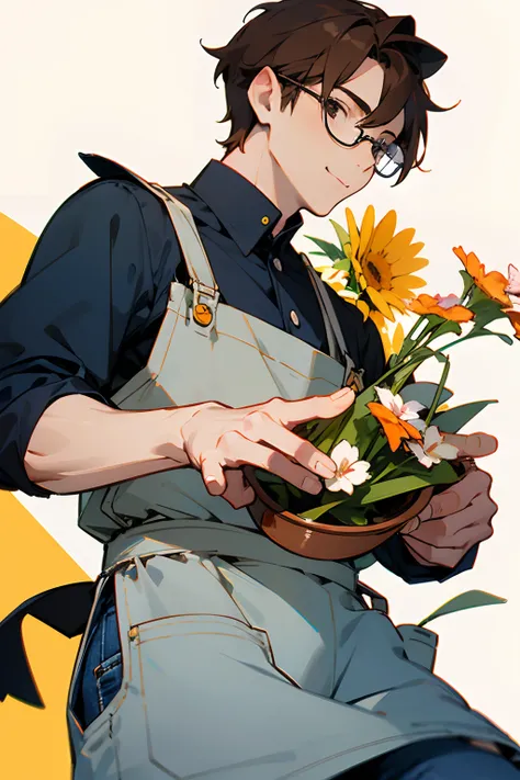 male people、eye glasses、Brown hair、A slight smil、holding flowers、Jeans Apron、hightquality