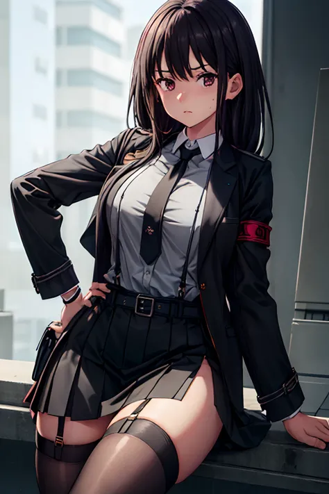 Suit,Collared shirt,Belt bag,Suspenders Black Miniskirt　garterbelts　knee high　Stockings　Black Niso　Colorcon armpit sweat　perspiring　Side of both hands,Black jacket,Gaze,ample bosom,Armpit sweat,Exposing the armpits"Tight clothes、Cuffed、Wristband Bangs Cent...