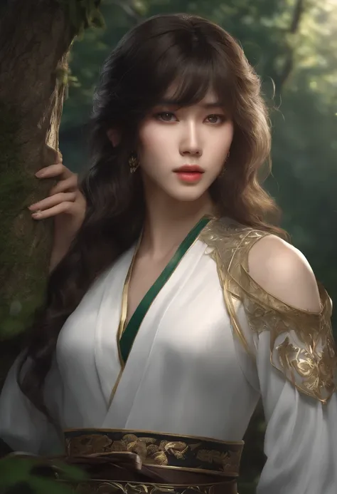 8k, best quality, masterpiece, highly detailed, semi realistic, a girl, a girl, 20 years old, looking at hands, long dark brown hair with bangs, curly hair, green eyes, black Japanese style cut clothes, white pants, bare shoulders, golden details, thin fig...