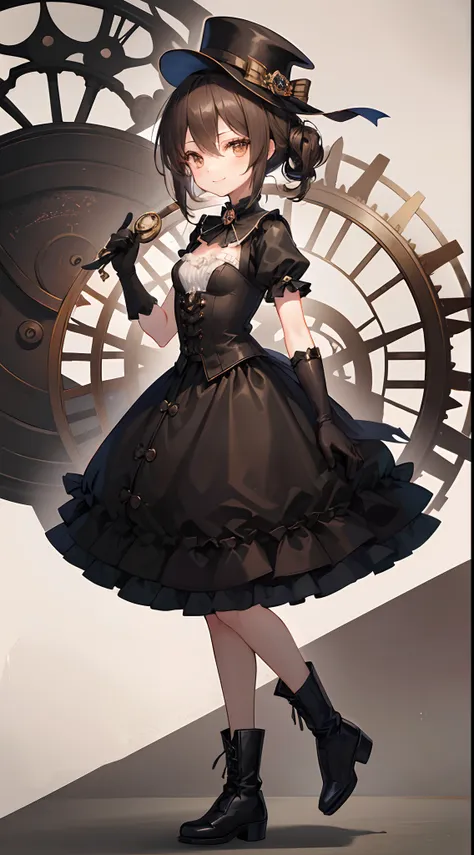 (top-quality), (​masterpiece)、(ultla detailed)、(Beautiful girl alone:1.3)、Lori、cute little、(steampunc)、Leotard Dresses、Black frills、Gears and brick background、greyt hair、(Brown eyes)、A smile、(18year old:1.3)、Medium chest、(Floating in the air)、(Chignon:1.3)...