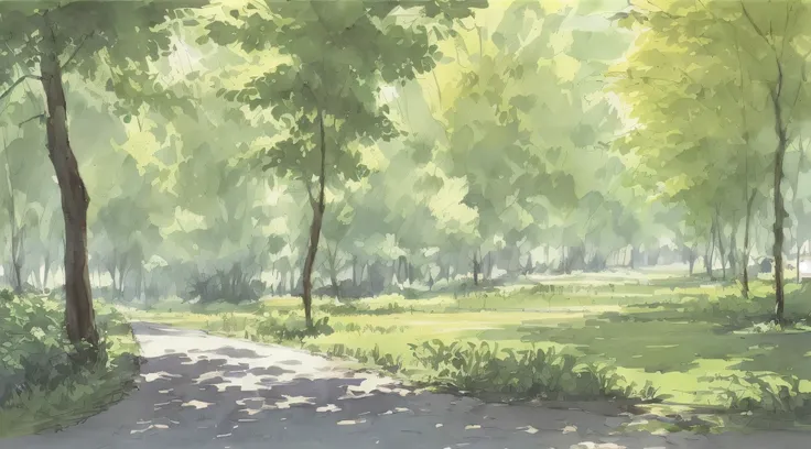 Watercolor painting, small path of Chinese rural houses, trees, bright sun, shade,