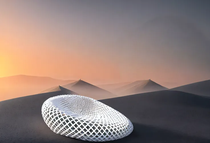 There is a parametric architectural model, 3 d mesh, mesh structure, shaped like torus ring, Parametric physical works, parametric structure, param, parametric design, computer generated, computer - generated, on textured disc base, Mesh, 3d cell shaded, m...