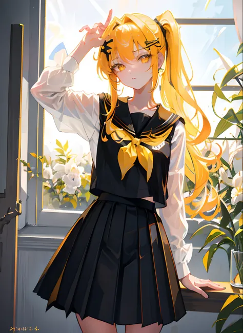 (Masterpiece, Best Quality: 1.4), Highly Detailed, Illustration, (Solo, 1 Girl, Loli: 1.2), Luminous, Basin, Rustic, yellow hair, Yellow eyes, Golden eyes, Shining eyes. Pouts looks, Black school uniform, School background, Short black skirt, short black s...