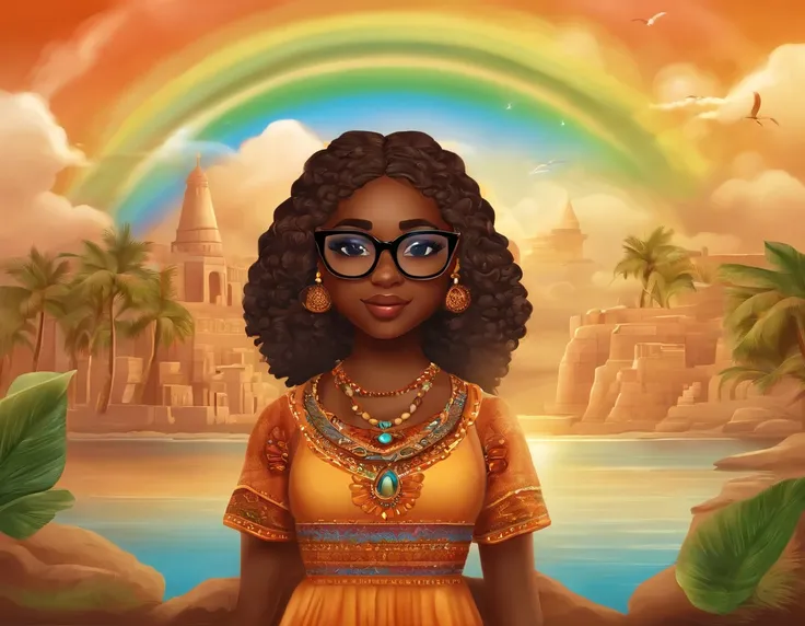 menina africana, cabelo cacheado, chibi, corpo inteiro, olhos grandes e castanhos, sentada, In the background a rainbow with the word "BEATRIZ",Background Silica Color, com vestido laranja, bespectacled, imagem 3d